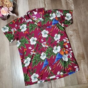 Vintage King Kameha Hawaiian Short Sleeve Button Up Shirt Burgundy Floral